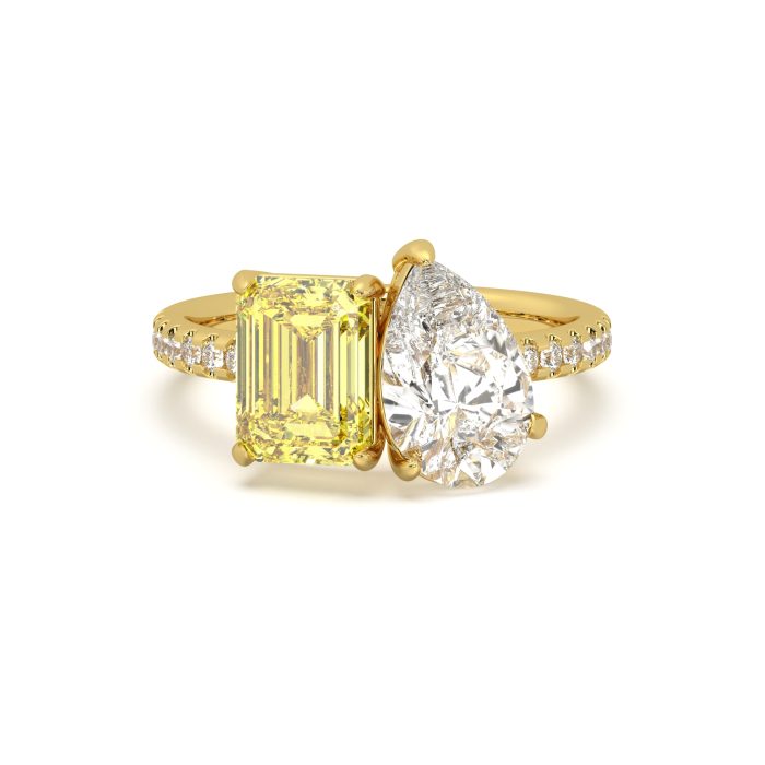 Pear and yellow emerald cut toi et moi ring with approx. 4.74ct lab-grown diamonds in 14k gold