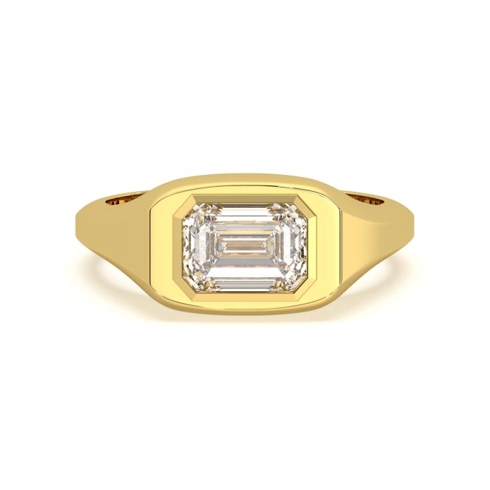 Emerald cut bezel ring with a 7.08ct lab-grown diamond in 14k yellow gold