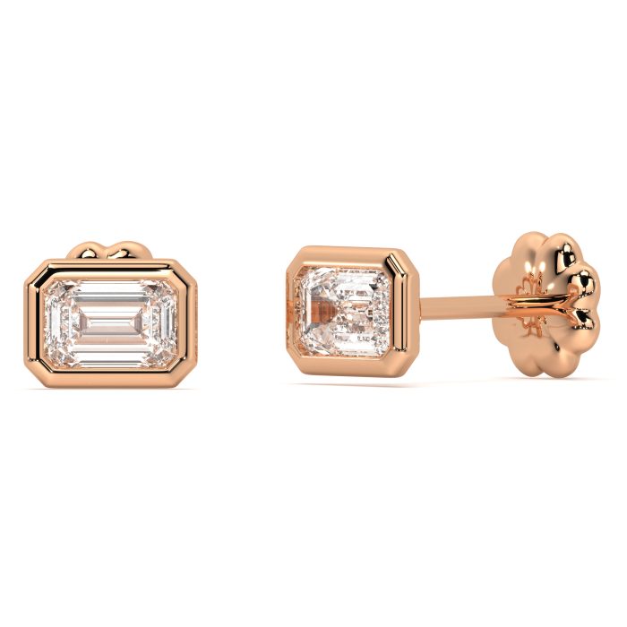 Emerald cut bezel stud earrings with approx. 1.32ct lab-grown diamonds in 14k rose gold