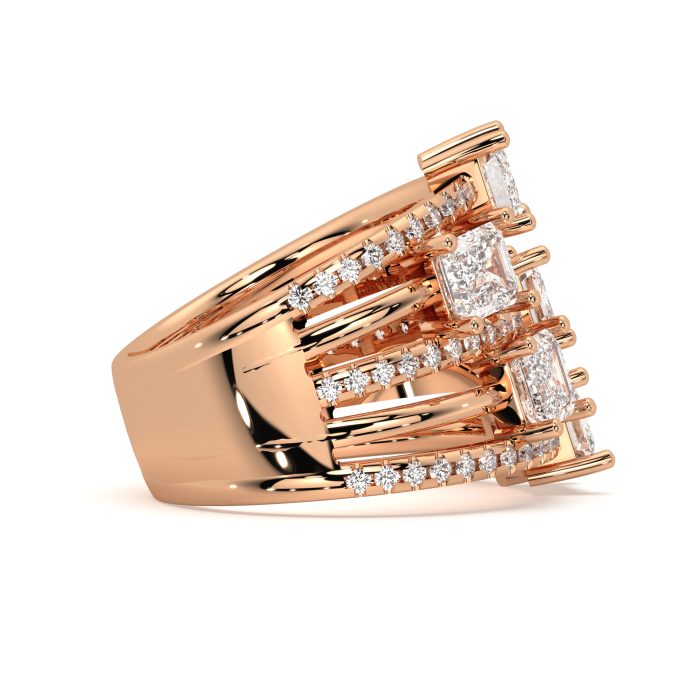 Staggered emerald cut three-row ring with approx. 7.43ct lab-grown diamonds in 14k rose gold