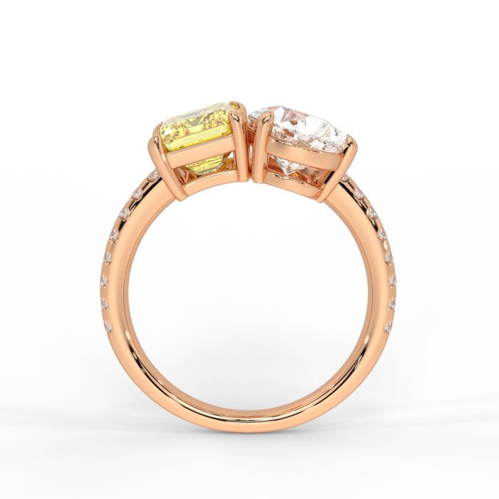 Pear and yellow emerald cut toi et moi ring with approx. 4.74ct lab-grown diamonds in 14k gold