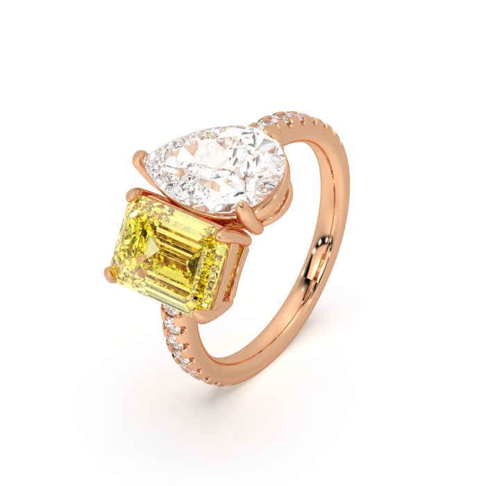 Pear and yellow emerald cut toi et moi ring with approx. 4.74ct lab-grown diamonds in 14k gold