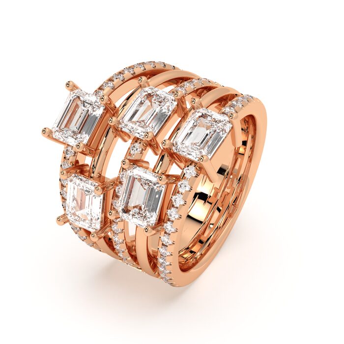 Staggered emerald cut three-row ring with approx. 7.43ct lab-grown diamonds in 14k rose gold