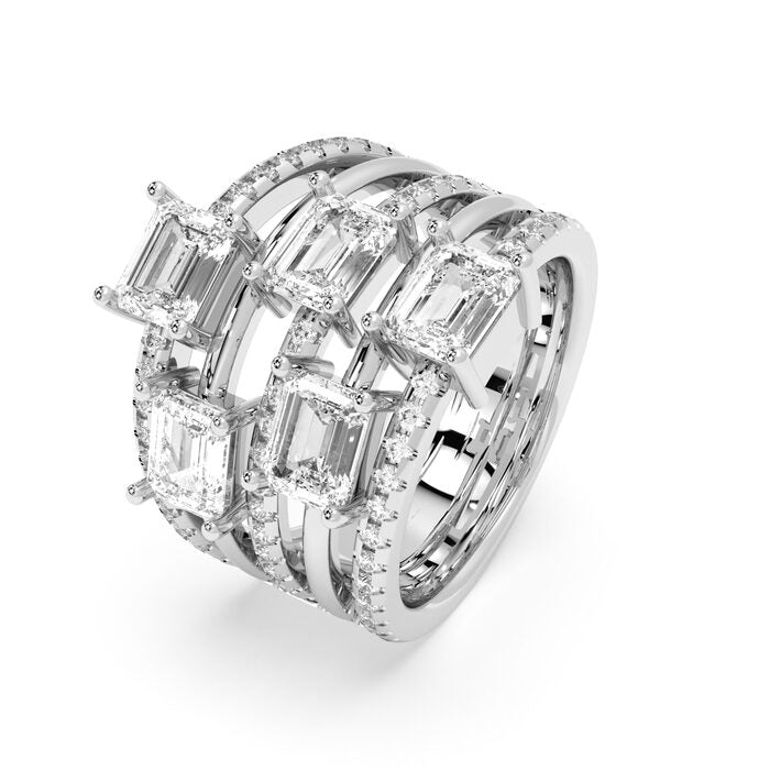 Staggered emerald cut three-row ring with approx. 7.43ct lab-grown diamonds in 14k rose gold
