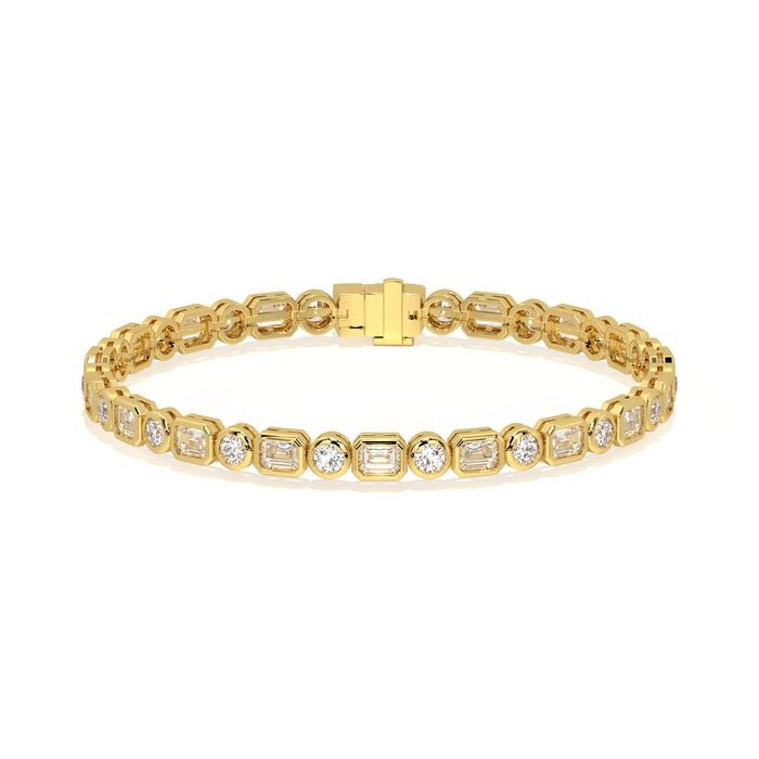 Emerald cut and round bezel tennis bracelet, lab-grown diamonds, 14k gold