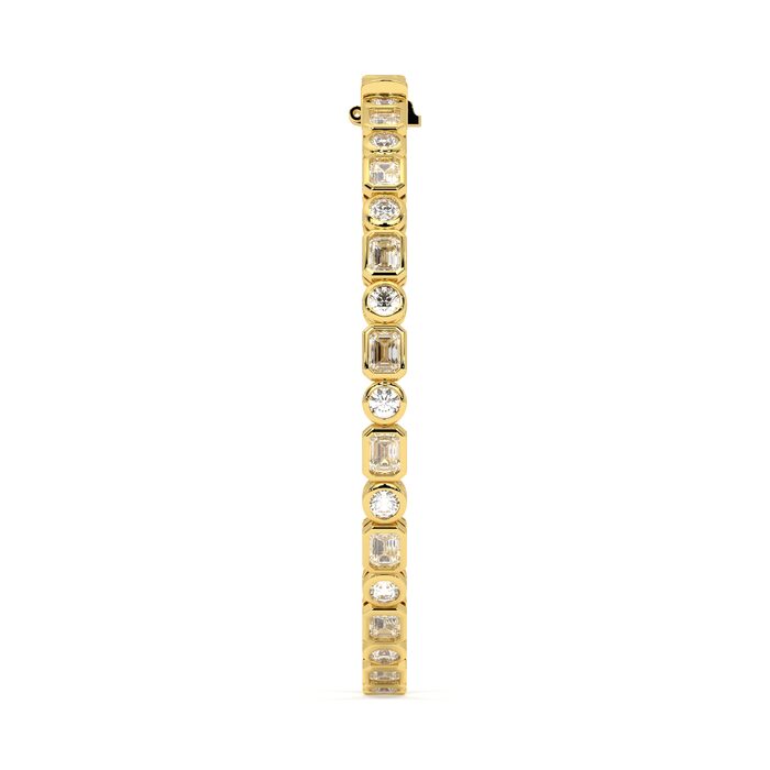 Emerald cut and round bezel tennis bracelet, lab-grown diamonds, 14k gold