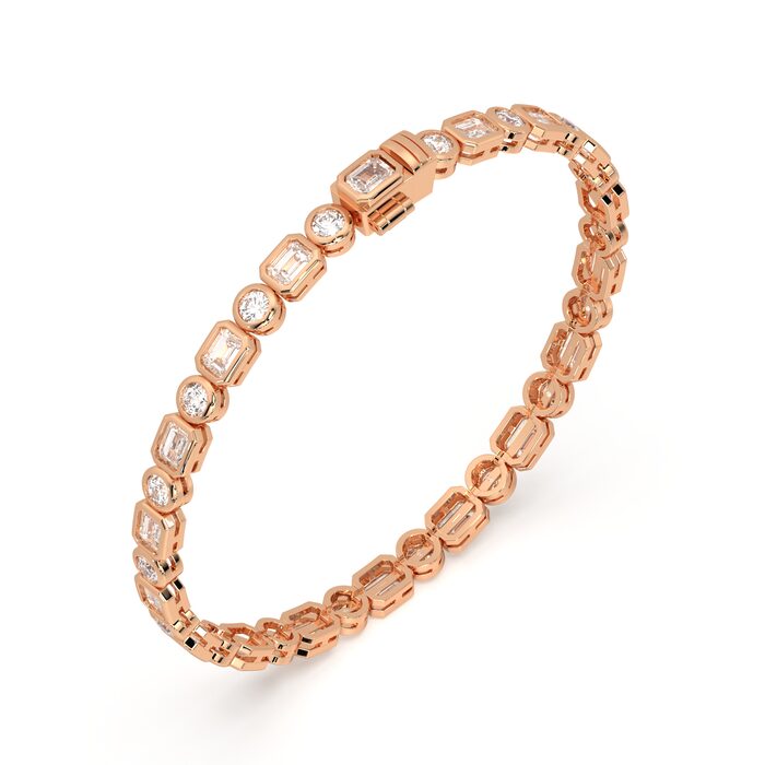 Emerald cut and round bezel tennis bracelet, lab-grown diamonds, 14k gold