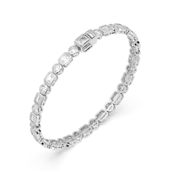 Emerald cut and round bezel tennis bracelet, lab-grown diamonds, 14k gold