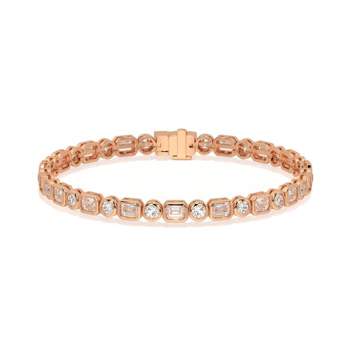 Emerald cut and round bezel tennis bracelet, lab-grown diamonds, 14k gold