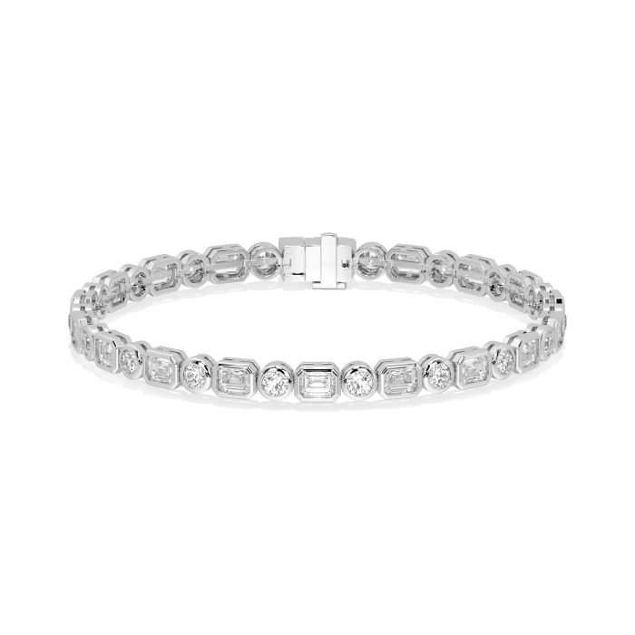 Emerald cut and round bezel tennis bracelet, lab-grown diamonds, 14k gold