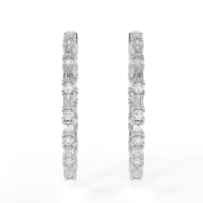 Emerald cut and round hoop earrings, lab-grown diamonds, 14k gold