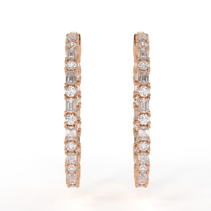 Emerald cut and round hoop earrings, lab-grown diamonds, 14k gold