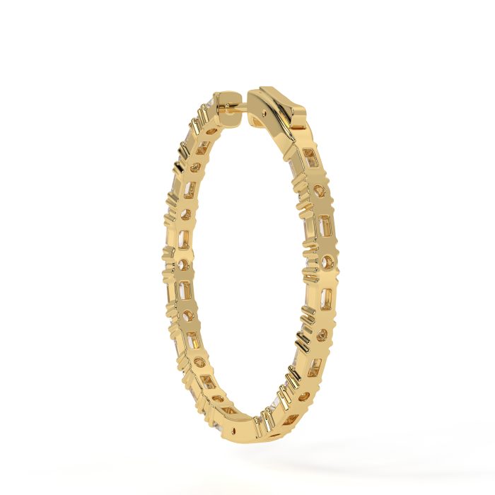 Emerald cut and round hoop earrings, lab-grown diamonds, 14k gold
