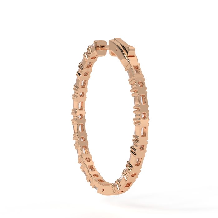 Emerald cut and round hoop earrings, lab-grown diamonds, 14k gold