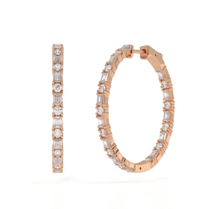Emerald cut and round hoop earrings, lab-grown diamonds, 14k gold