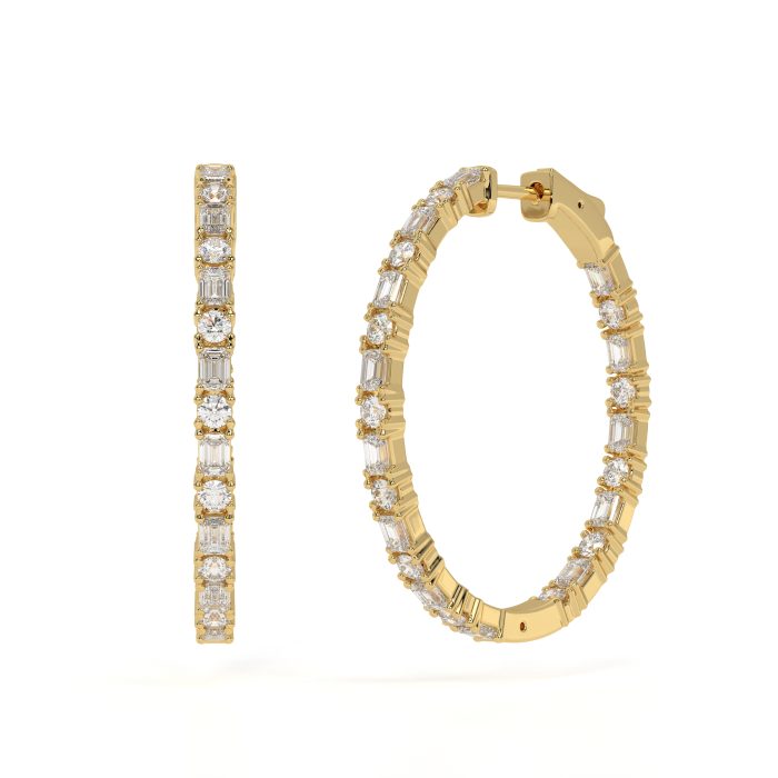 Emerald cut and round hoop earrings, lab-grown diamonds, 14k gold