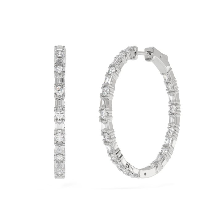 Emerald cut and round hoop earrings, lab-grown diamonds, 14k gold