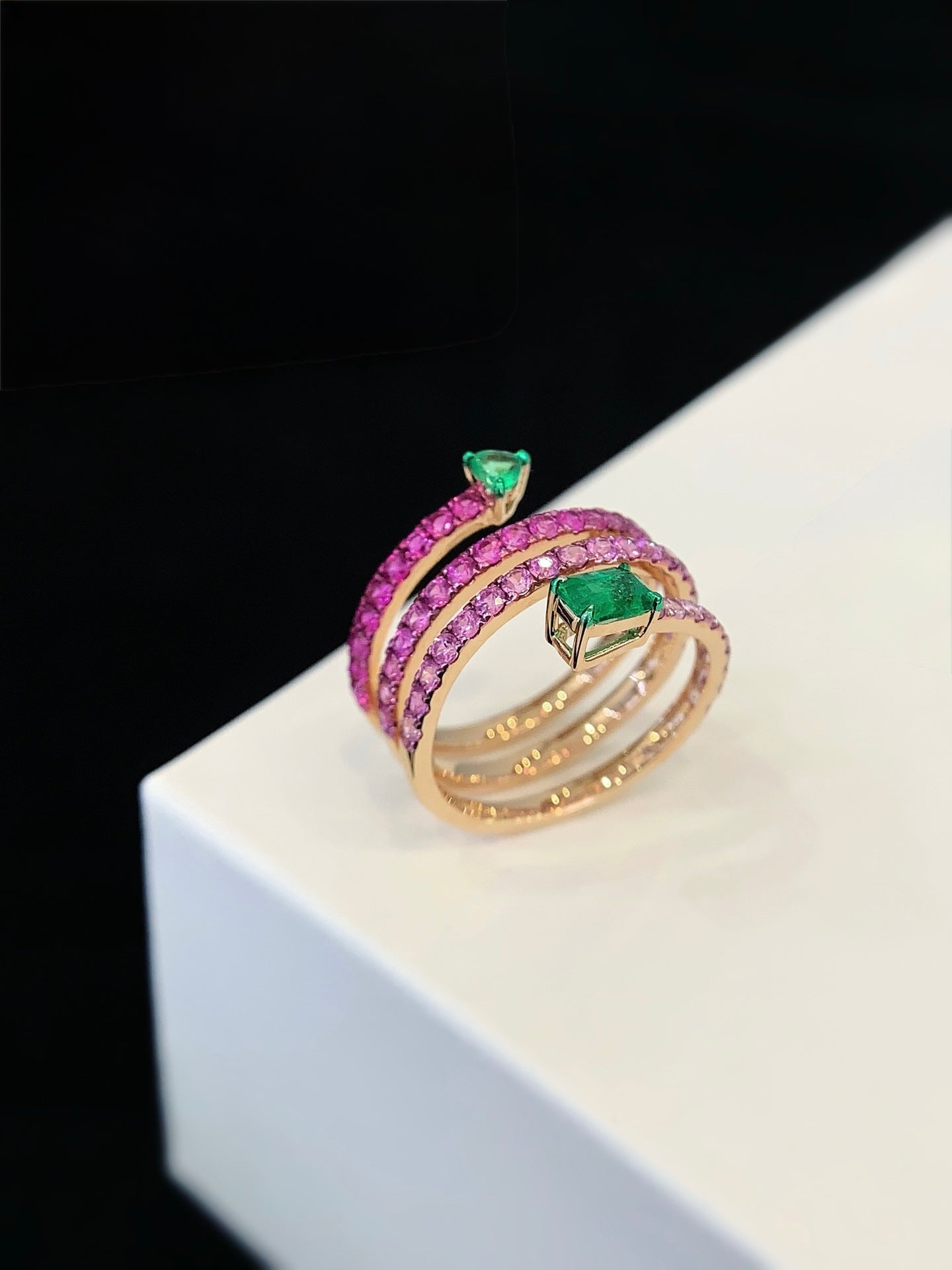 Spring Ring, Lab-Grown Emeralds, 18k Yellow Gold