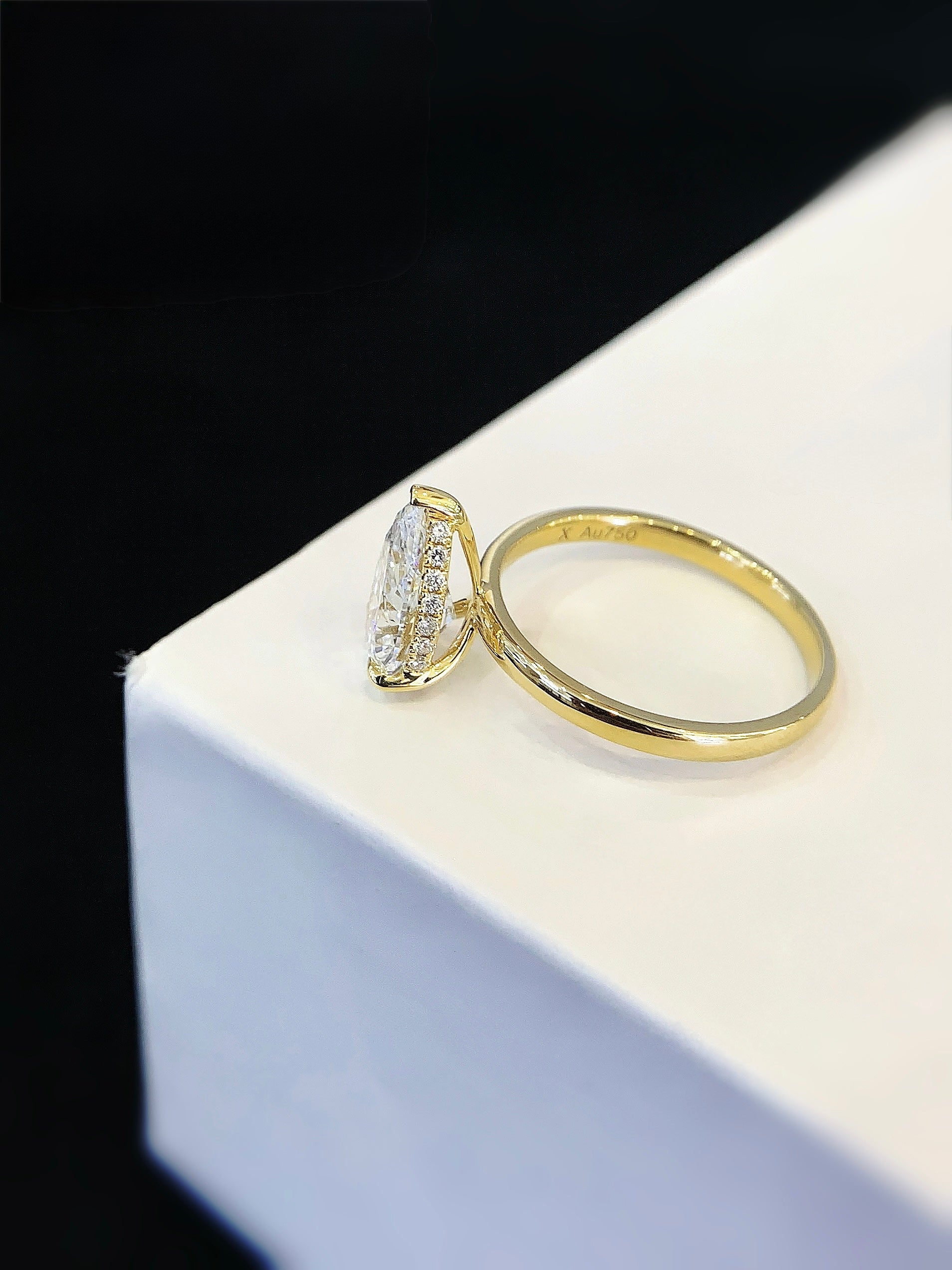 Pear Ring, 2.07ct Lab-Grown Diamond, 18k Yellow Gold, hidden halo