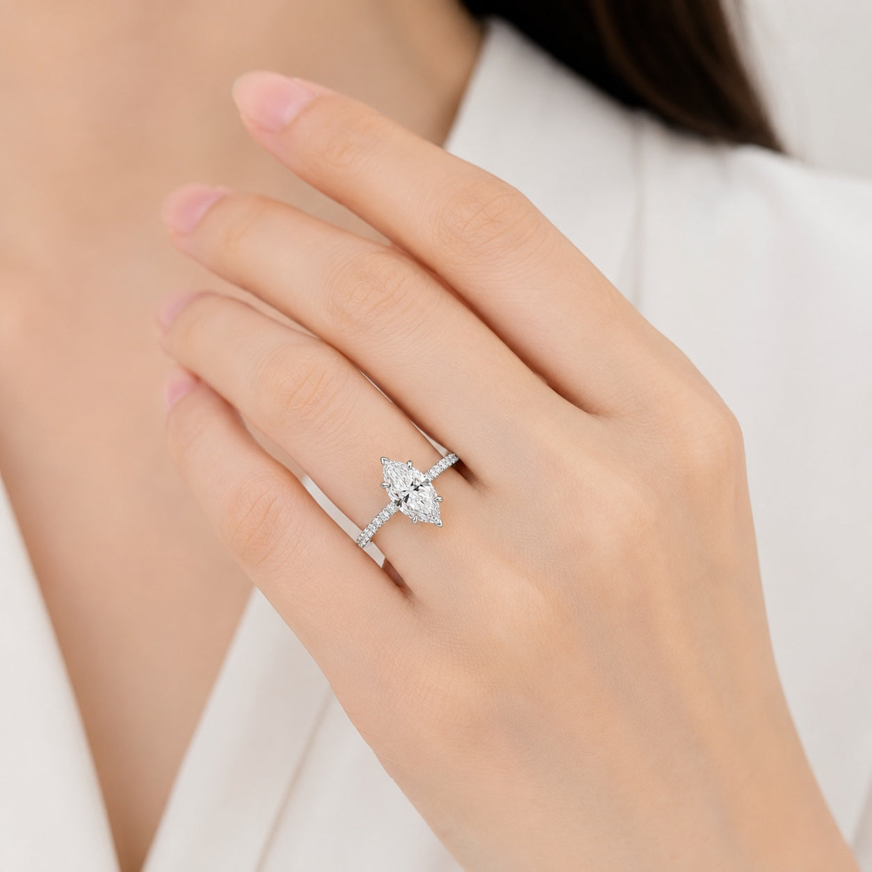 Marquise Pavé Ring, 2ct Lab-Grown Diamond, 18k White Gold